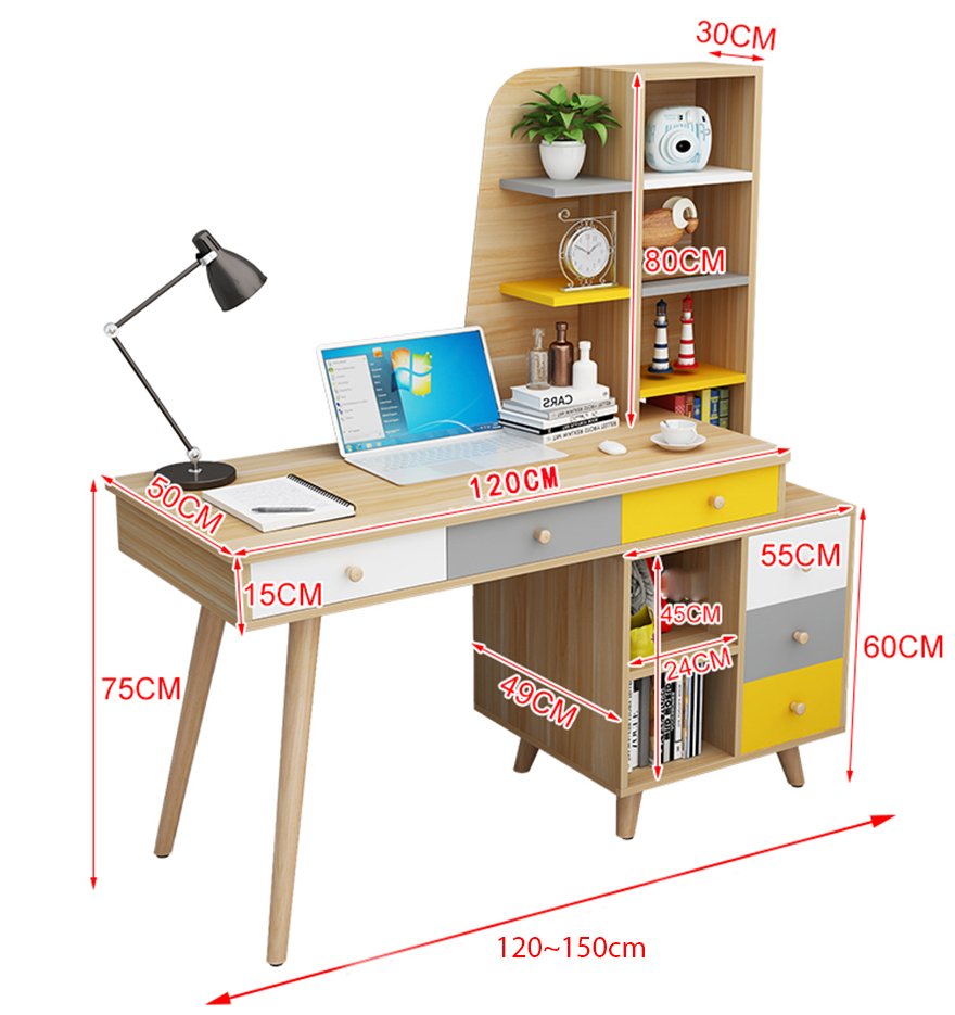 Bàn làm việc gỗ công nghiệp tiện lợi kèm giá sách