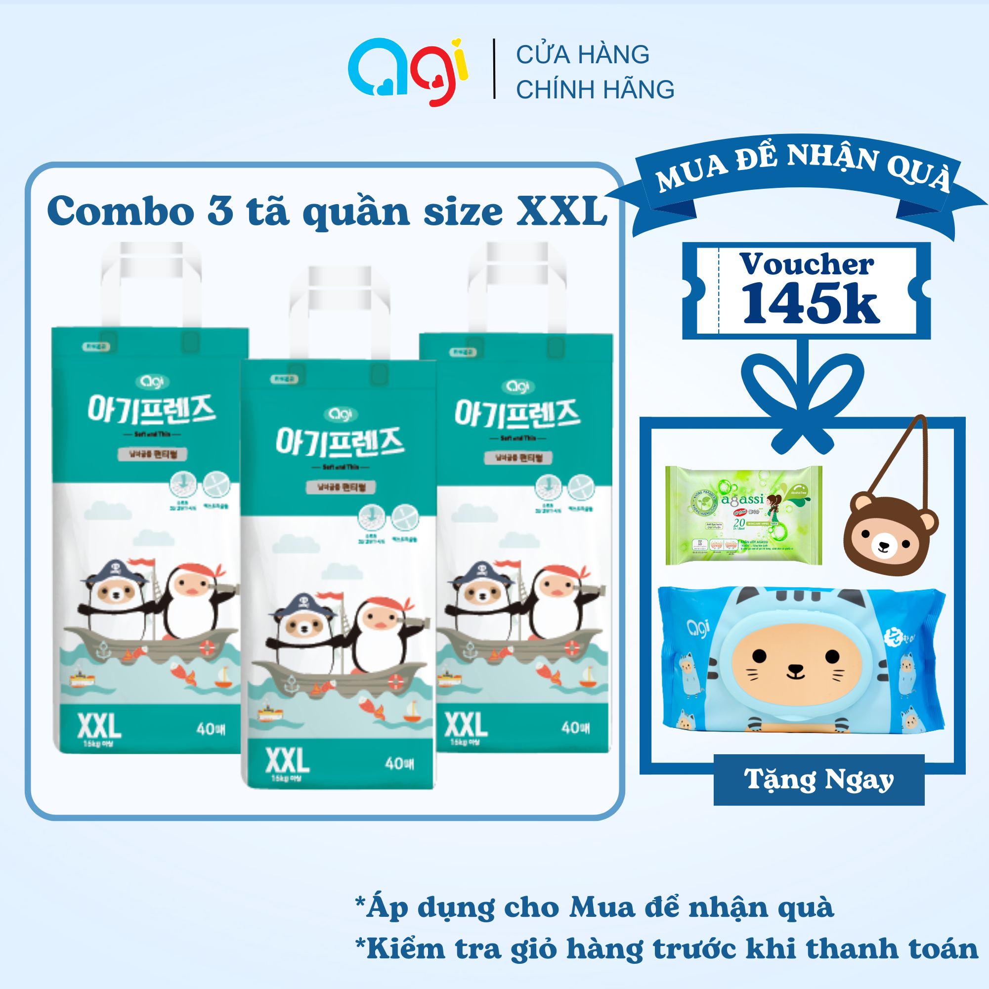 Combo 3 Tã/Bỉm QUẦN AGI Siêu Mỏng 3mm Size L46/XL42/XXL40, Đủ Size Từ 9 - 16 Kg Trở Lên ( Công Nghệ Hàn Quốc )