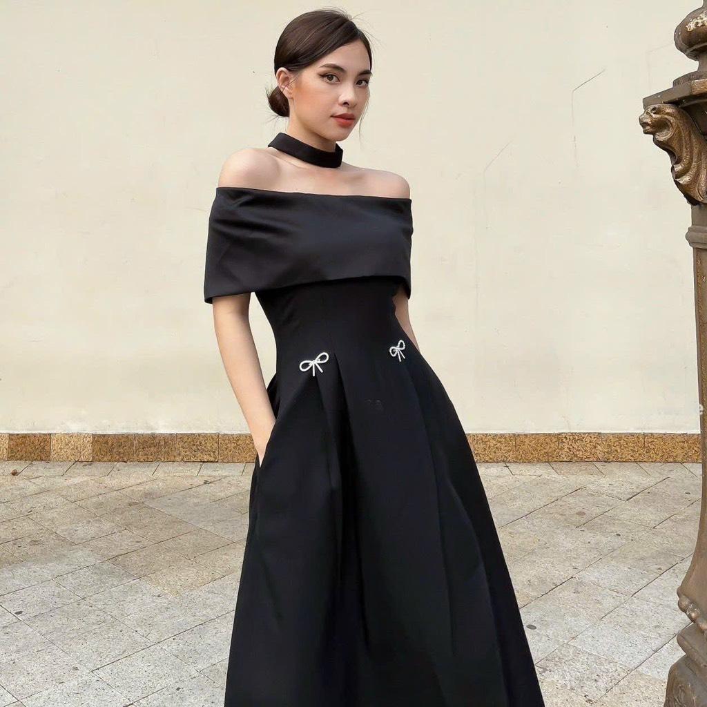 Đầm midi trễ vai xẻ tà đính tag nơ