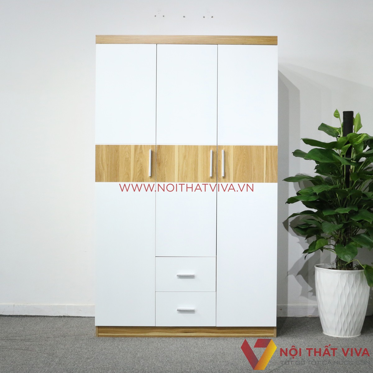 Tủ Áo 3 Cánh Cửa Mở 1M2x2M Gỗ MDF Màu Sọc Vàng Cánh Trắng Rẻ Đẹp