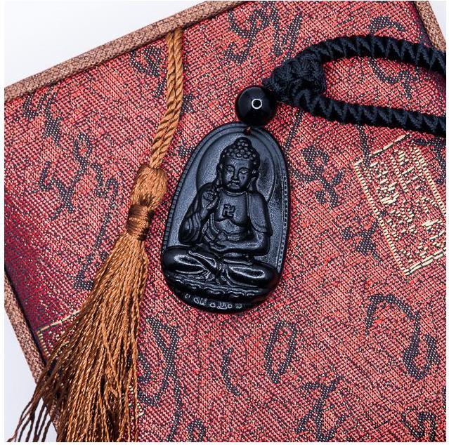 Mặt dây chuyền Đức Phật A Di Đà đá Obsidian tự nhiên - Phật Độ Mạng cho người tuổi Tuất, Hợi - PBMOBS08