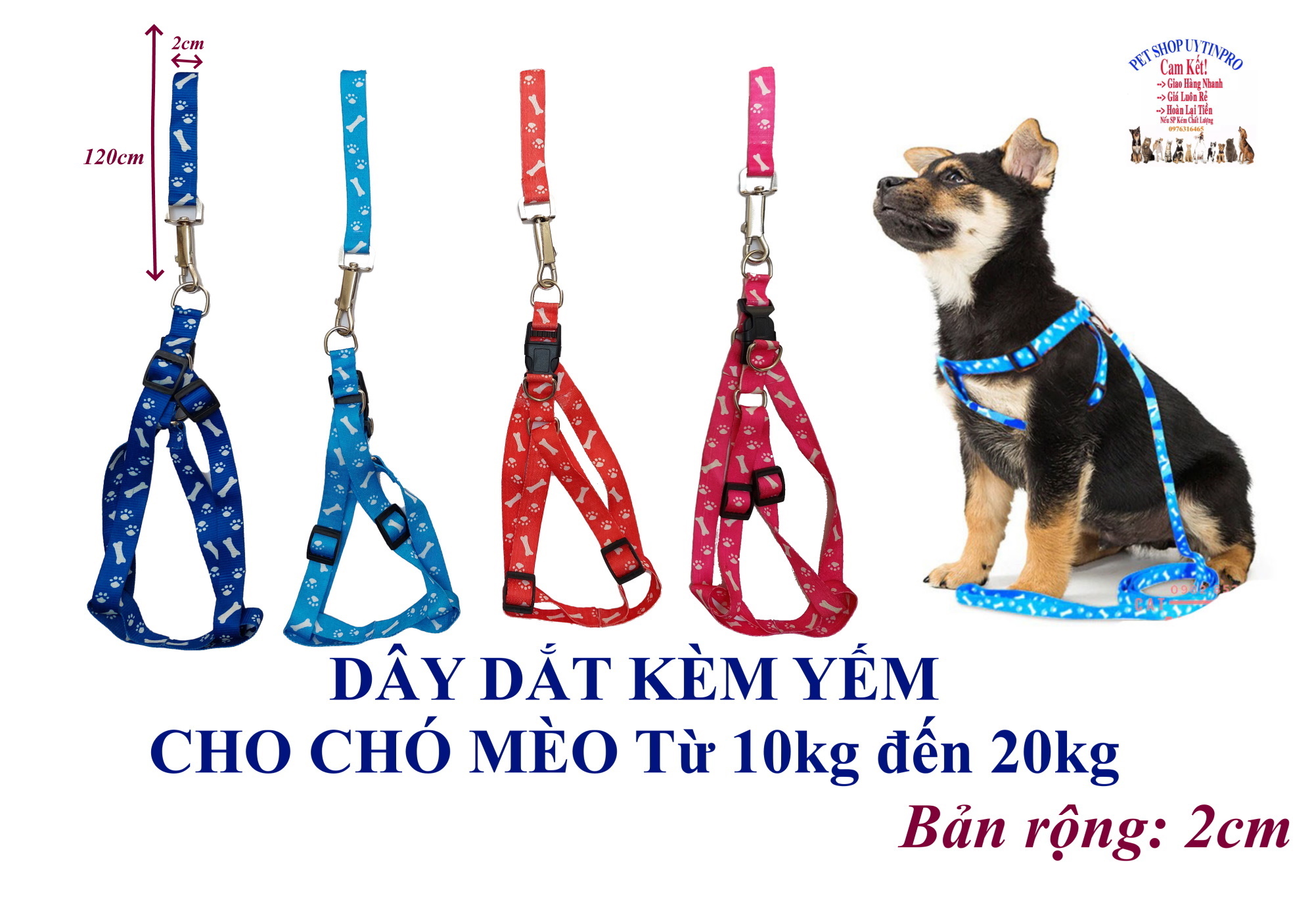 Dây dắt kèm yếm cho Chó Mèo từ 10kg đến 15kg Bản rộng 2cm Chất liệu dù mềm dẻo, Yếm có thể điều chỉnh to nhỏ