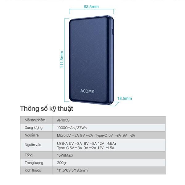 Pin Sạc Dự Phòng Dung Lượng 10.000mAh ACOME Hỗ Trợ Sạc Nhanh 18W PD/QC 3.0 An Toàn, Tiện Lợi - Hàng Chính Hãng