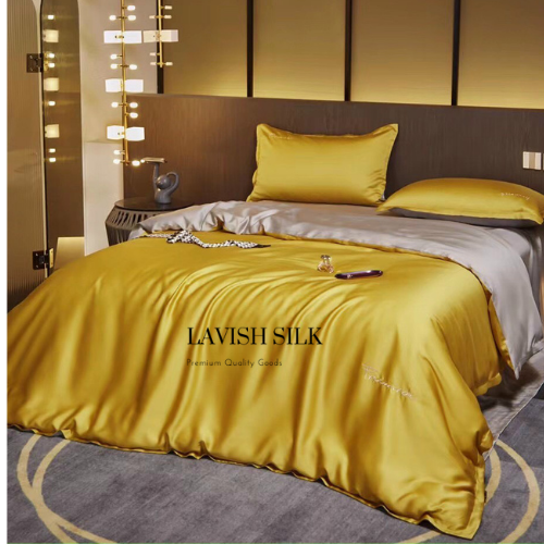 Trọn Bộ Ga Gối Lụa Kèm Chăn Sẵn Ruột + Tặng Bộ Quà Tặng Lavish Silk Cao Cấp - Vàng Chanh Mix Hồng Phấn
