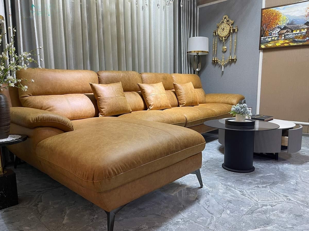Sofa góc L da bò Italy Juno sofa màu vàng SFLCT01 3m3 x 1m6 hàng cao cấp chuẩn da bò nhập khẩu Ý