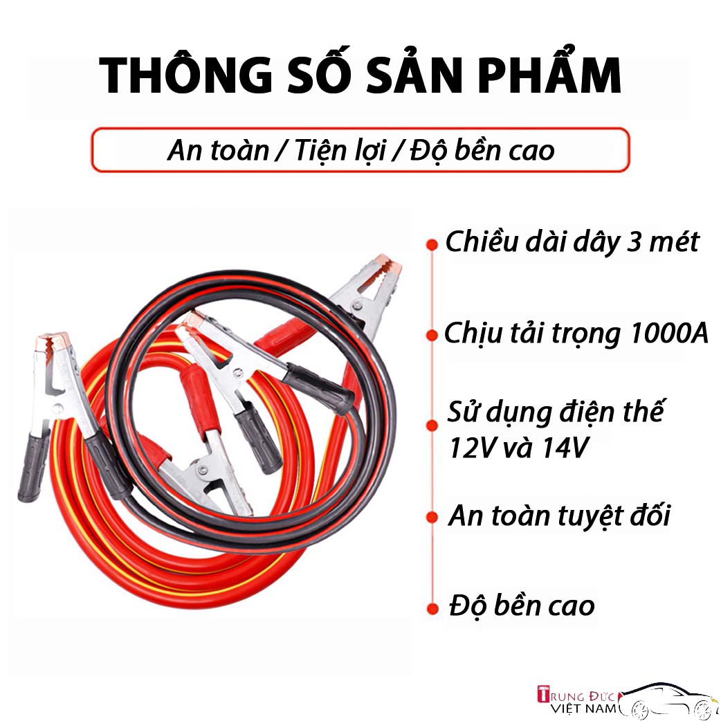 Dây Câu Bình Ác Quy 1000A, Cứu Hộ Ô tô ( Quà tặng khăn lau xe ) - Hàng Chính Hãng TDVN