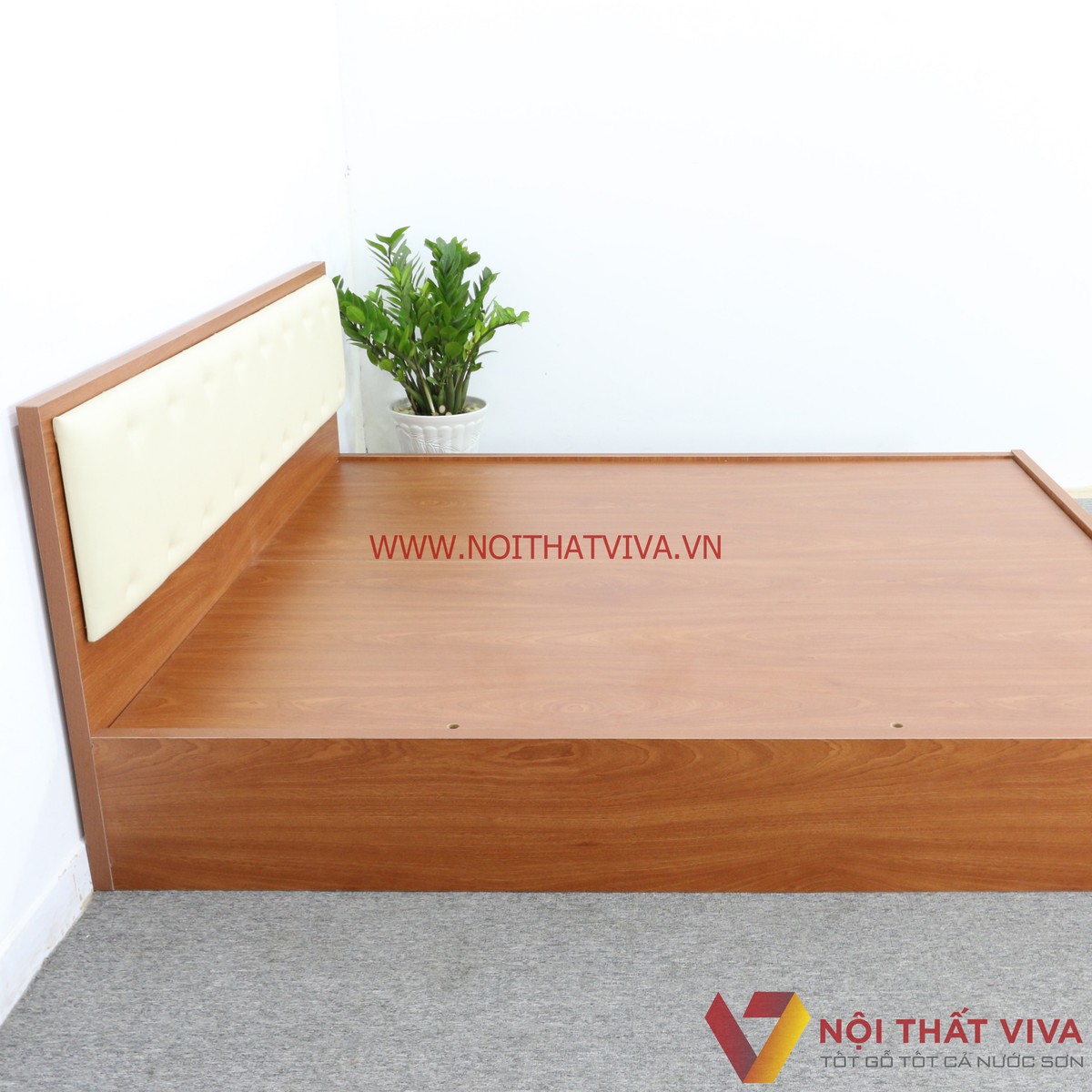 Giường Ngủ Gỗ MDF Melamine Màu Xoan Đào Có Đầu Nệm Kem Đẹp