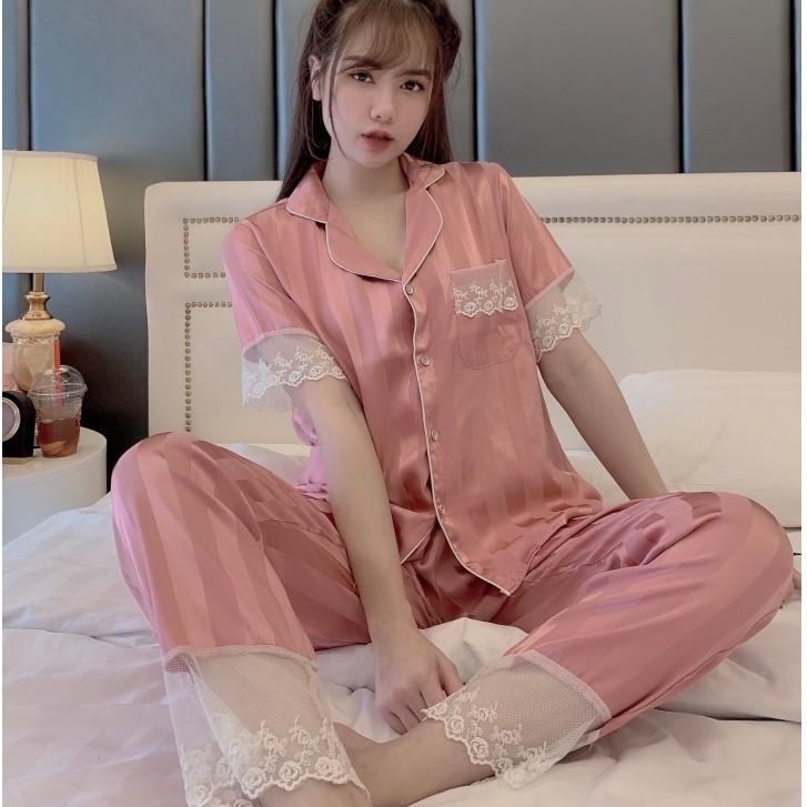 Bộ pijama tay ngắn quần dài phối ren, đồ bộ họa tiết sọc hot trend mẫu mới