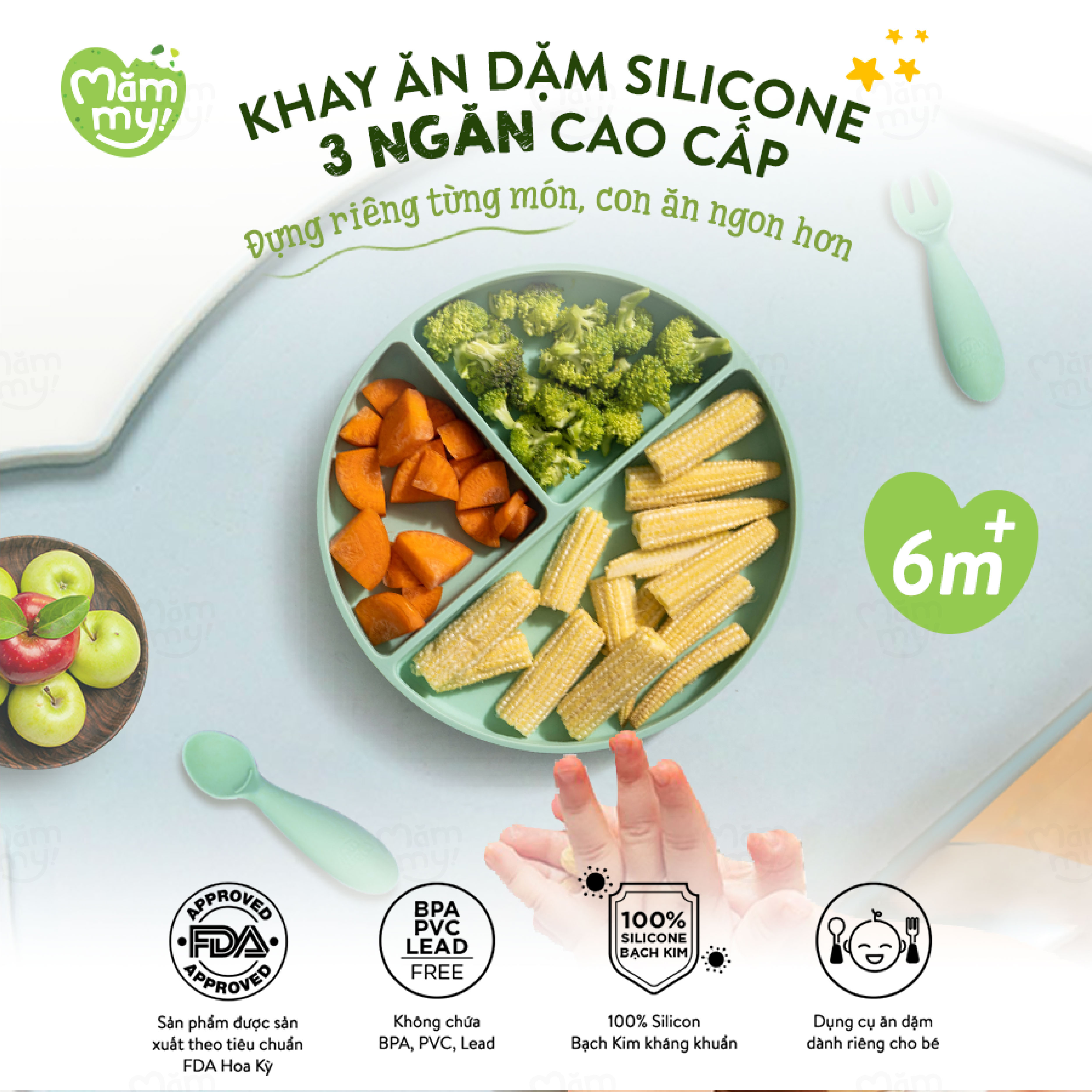 Khay ăn dặm silicon 3 ngăn cao cấp Mămmy Baby Silicone Food Tray Giúp Bé Ăn Dặm Dễ Dàng Với Thiết Kế Đặc Biệt Đế Hít