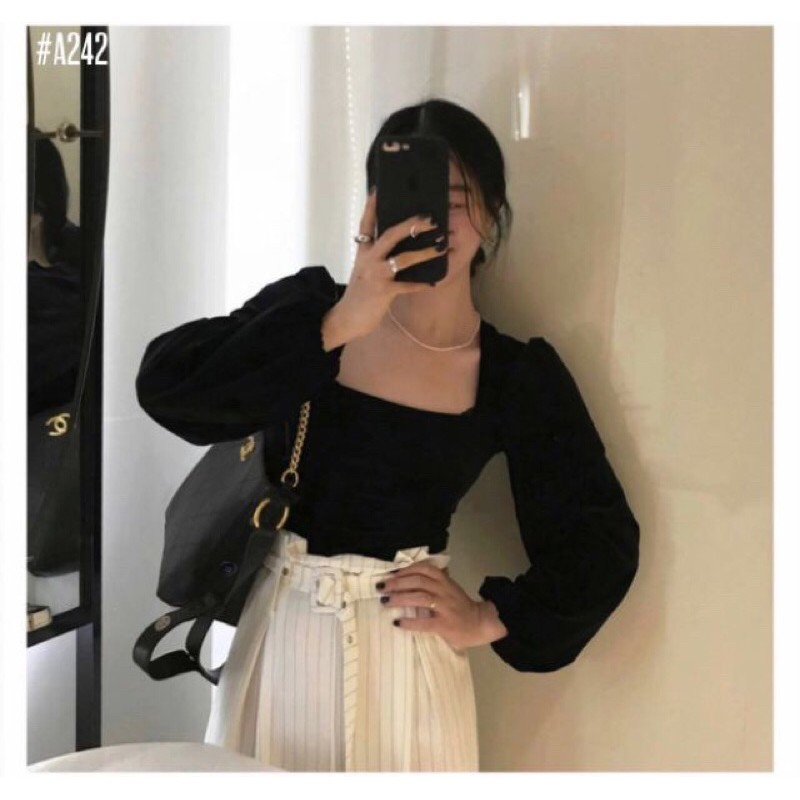 Áo cổ A tay phồng dài có ảnh thật