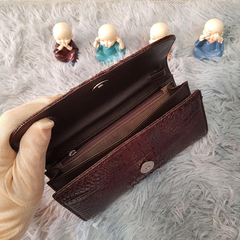 Ví Cầm Tay Cá Sấu Nữ | Ví Clutch Da Cá Sấu Gù Nhỏ | Màu Nâu Cafe | Bảo Hành 24 Tháng.