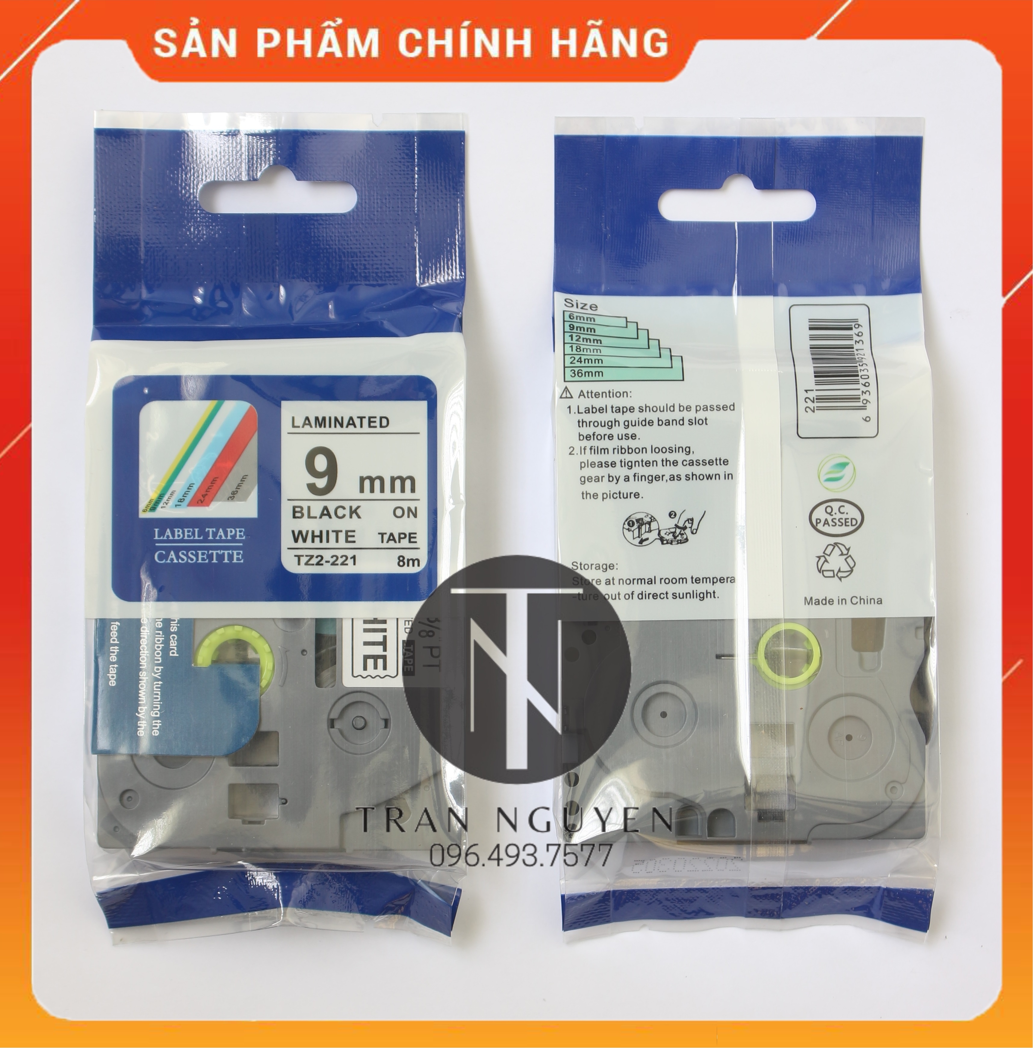 [ Combo 05 cuộn] Nhãn TZ2-221 tiêu chuẩn - Chữ đen trên nền trắng 9mm - Hàng nhập khẩu