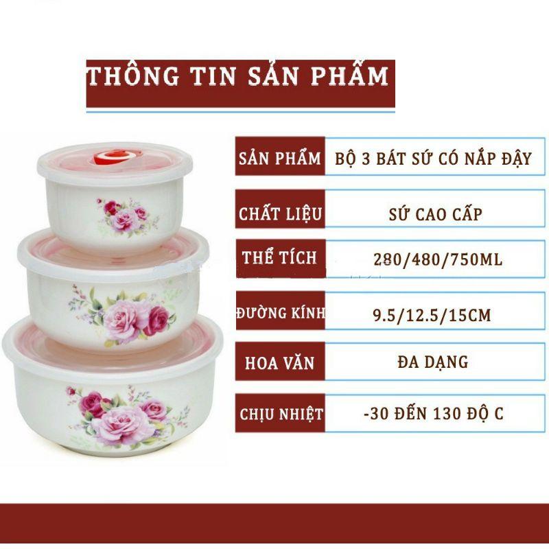Bộ ba bát thố canh tô cơm sứ có nắp hút chân không, quai cầm để lò vi sóng, tủ lạnh chịu nhiệt cao