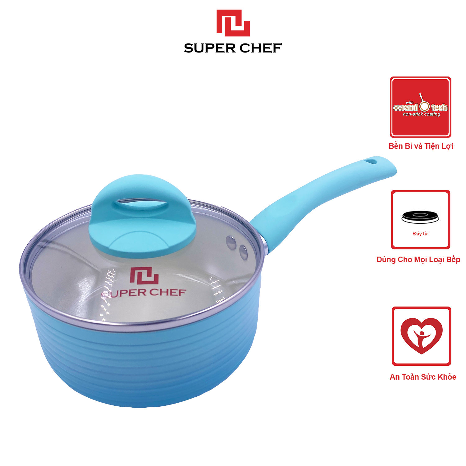 Nồi Cán Dài/ Quánh Ceramic Đáy Từ Chef Blue Cao Cấp An Toàn Sức Khỏe, Thiết Kế Mới, Siêu Bền Bỉ Không Bong Tróc, Hạn Chế Trầy Xước Size 16cm