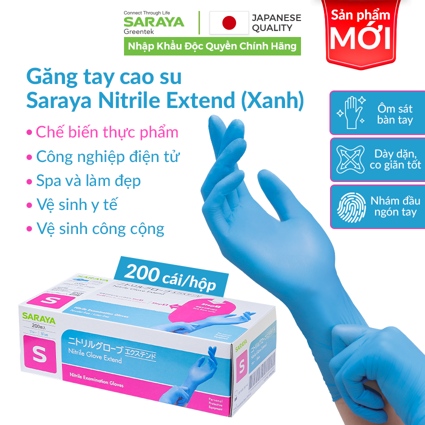 Găng tay cao su Saraya Nitrile Glove Extend (Màu Trắng), dùng trong thực phẩm, làm đẹp, y tế, công nghiệp - 200 cái/hộp