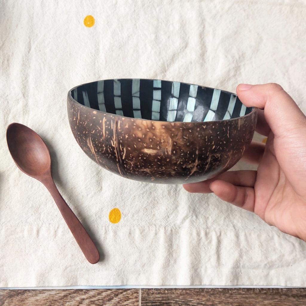 Bát Gáo Dừa Cỡ 13cm Khảm Xà Cừ Trắng, Chén Dừa Thủ Công, Chụp Ảnh Decor