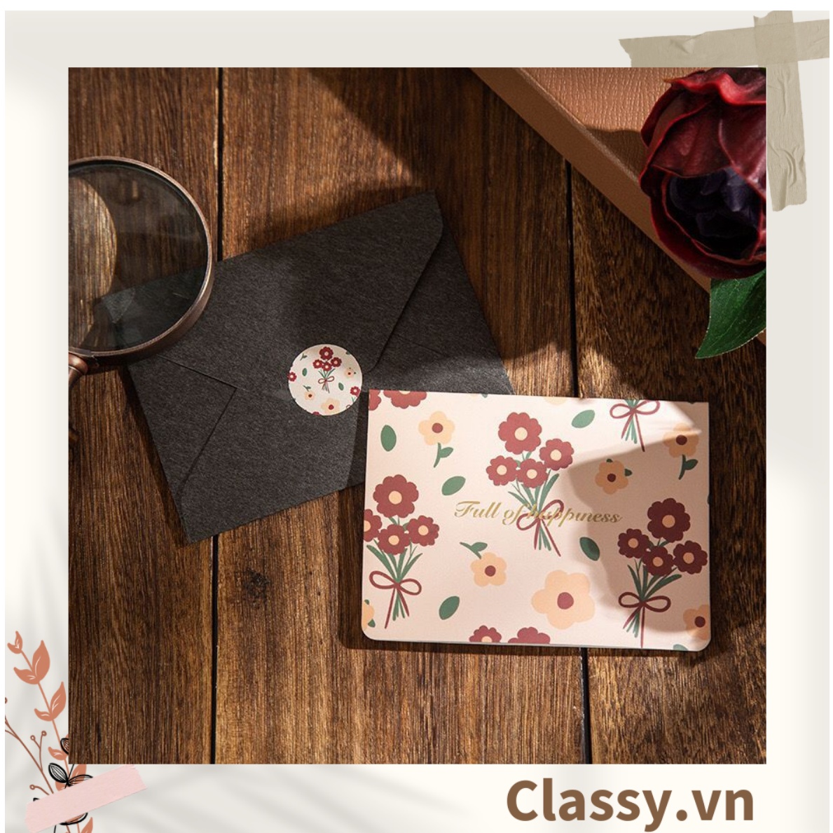 Thiệp Cổ điển Vintage in họa tiết hoa nhí giấy art sang trọng kèm phong bì giấy kraft nâu Q724