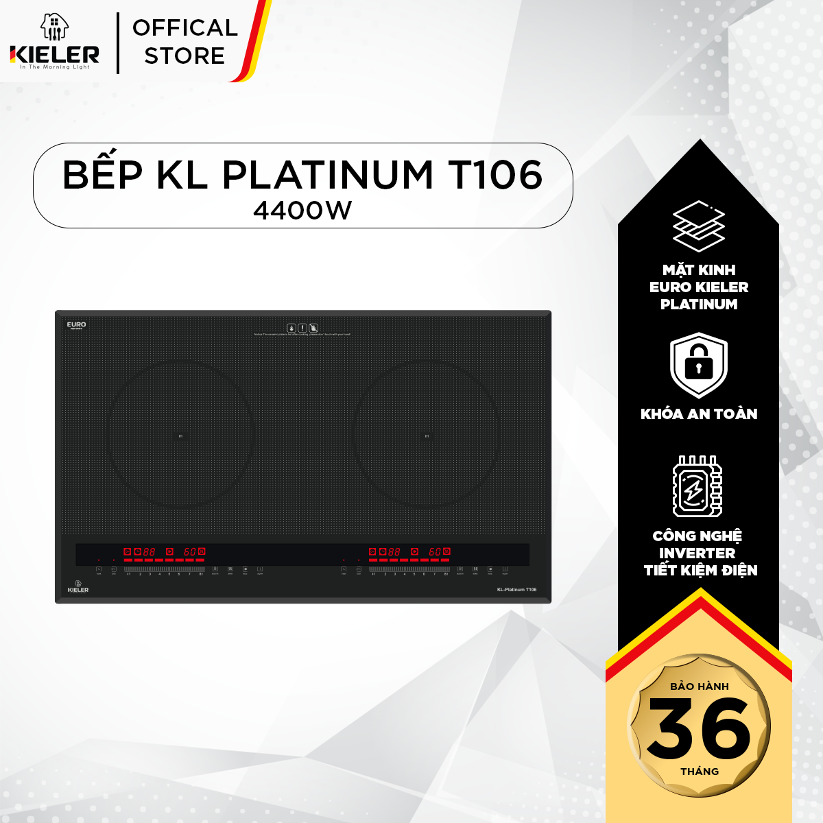 Bếp điện từ đôi Kieler KL-PLATINUM T106 mặt kính Euro Kieler Platinum, Bếp điện từ có hẹn giờ, cảm ứng chống tràn 4400W - Hàng Chính Hãng