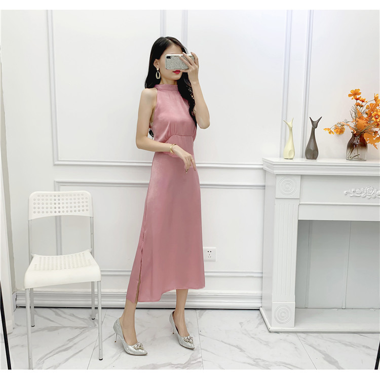 Đầm cổ yếm hở lưng màu hồng ngọt ngào - A17F