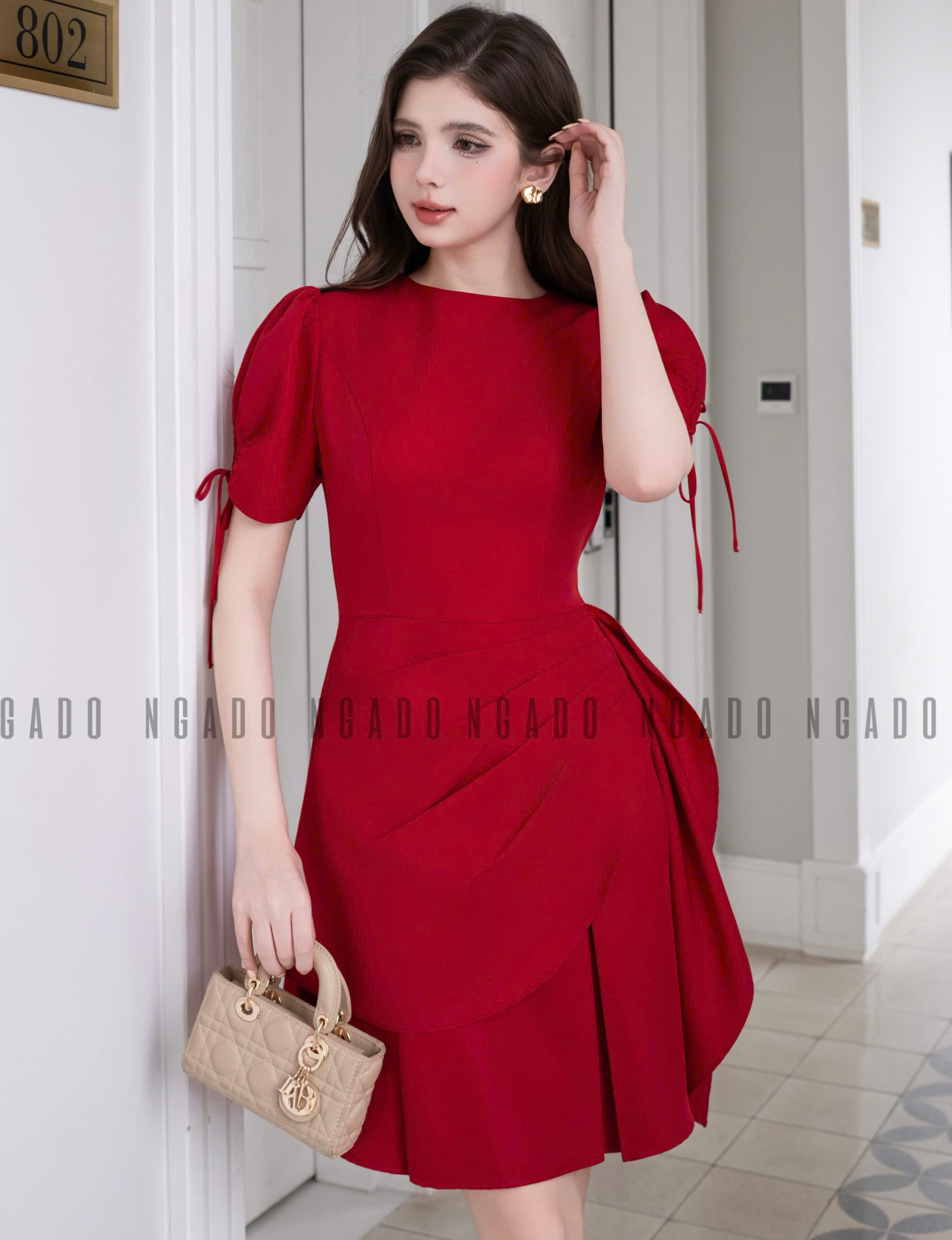 Đầm đỏ vạt xếp NGADO , đầm nữ , đầm công sở , dạo phố