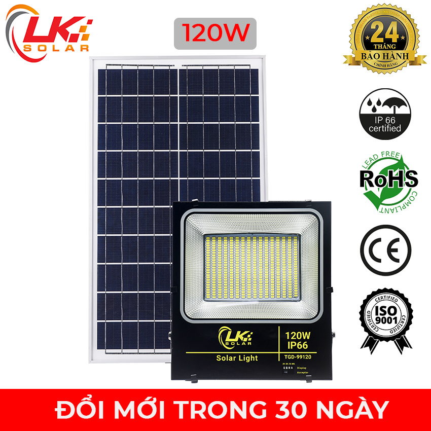 Đèn Led Năng Lượng Mặt Trời Siêu Sáng 120W CHÍNH HÃNG- LK SOLAR TGD-99120, Sử dụng 100% năng lượng mặt trời, dễ dàng lắp đặt ngoài sân vườn, trong nhà, nhà xưởng, trang trại, cảm biến ánh sáng, có remote điều khiển từ xa