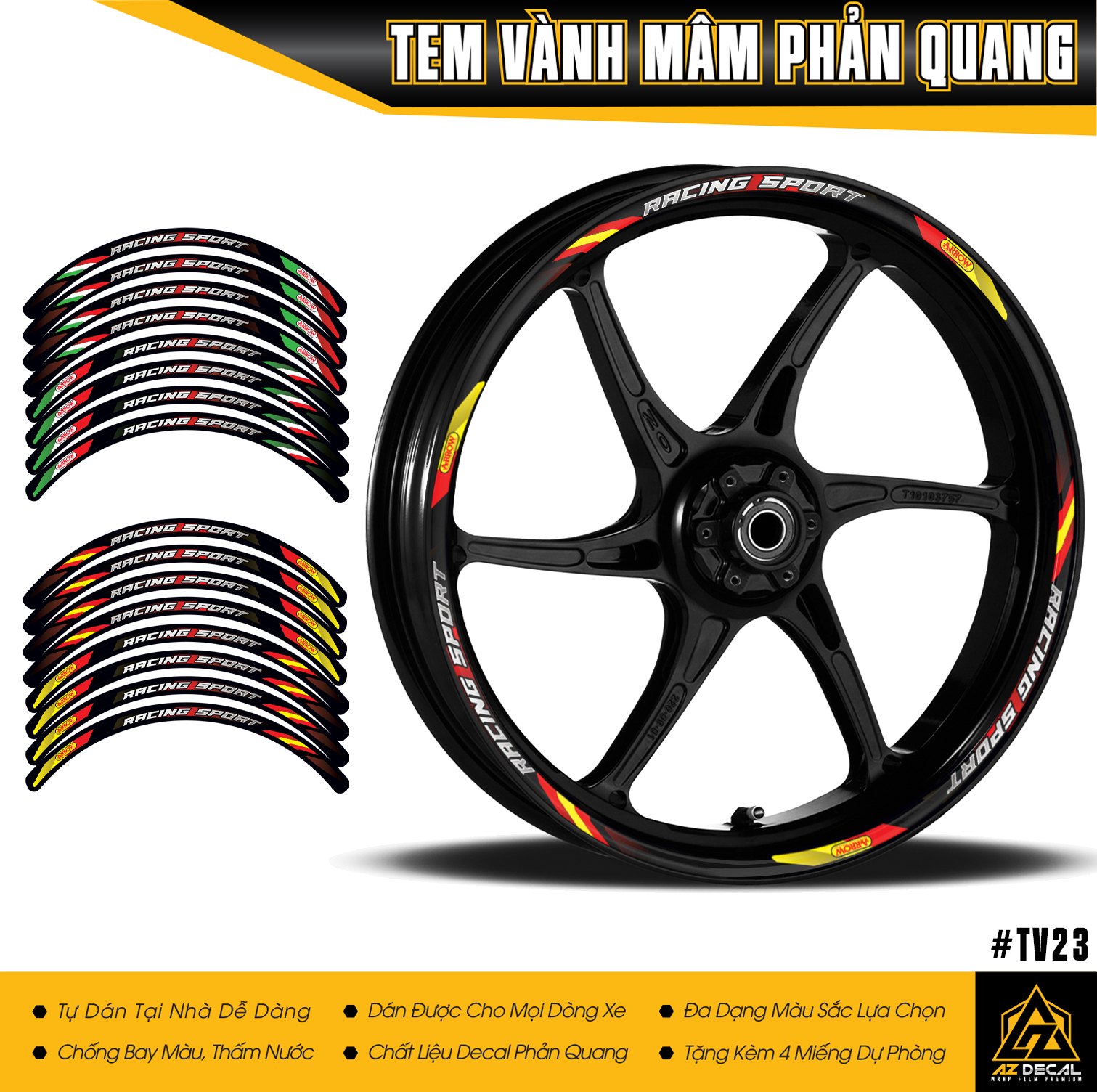 Tem Dán Vành Mẫu Racing Sport Cho 2 Bánh | TV23 | Decal Vành Mâm Phản Quang Chống Nước, Chống Phai Màu