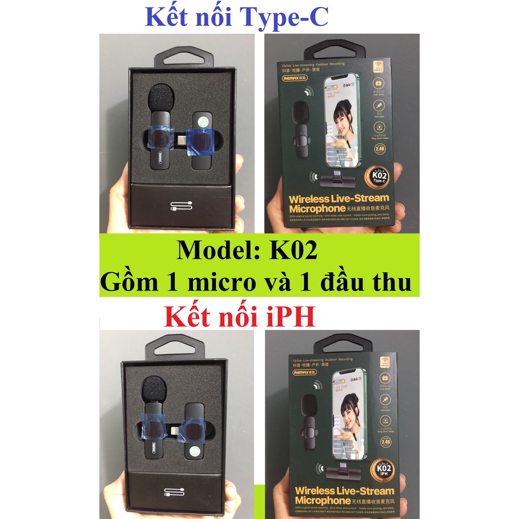 Micro thu âm không dây có kẹp cài áo kết nối type-C / iP Remax K03 / K02 -  Hàng chính hãng