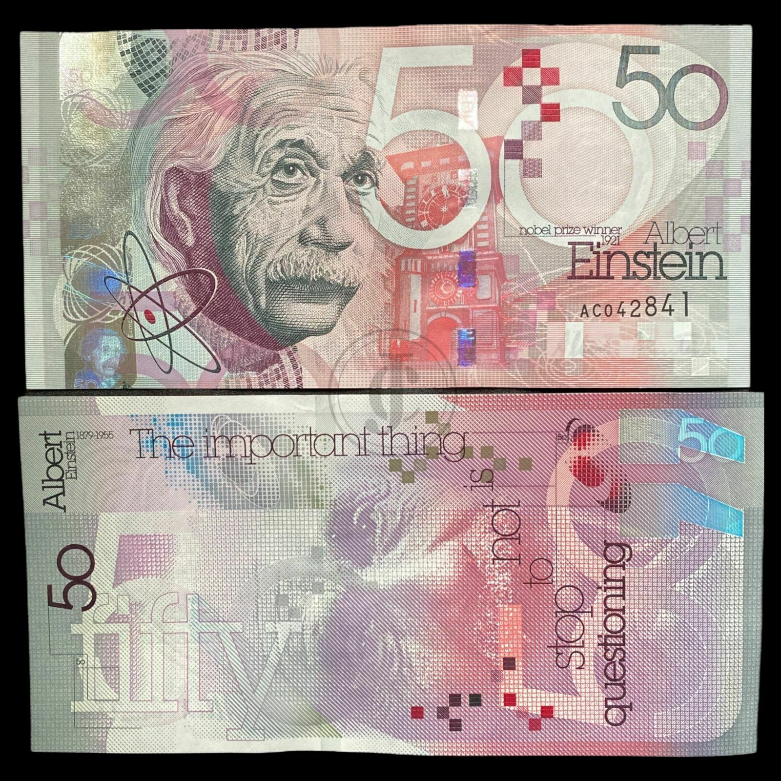 Tiền hình ảnh ông Albert Einstein được công ty De La Rue thiết kế và in ấn, tặng kèm túi nilon bảo quản