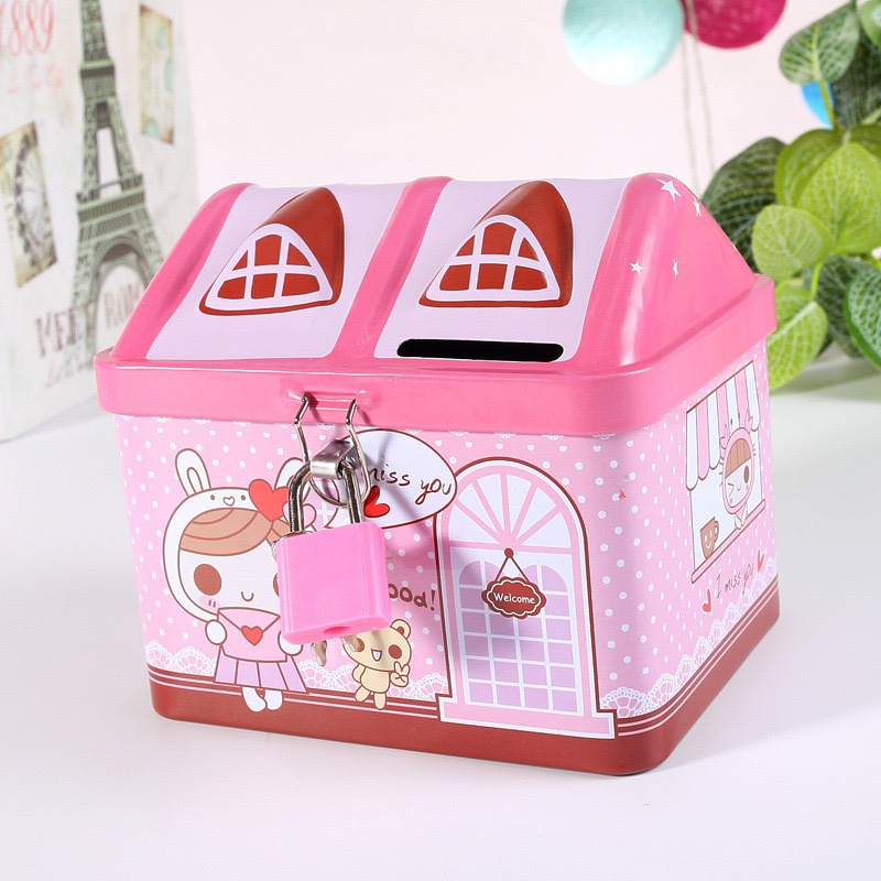 Hộp tiền tiết kiệm ngôi nhà kèm khóa an toàn hộp tiết kiệm tiền cho bé chất liệu hợp kim dễ thương tiện lợi cho bé