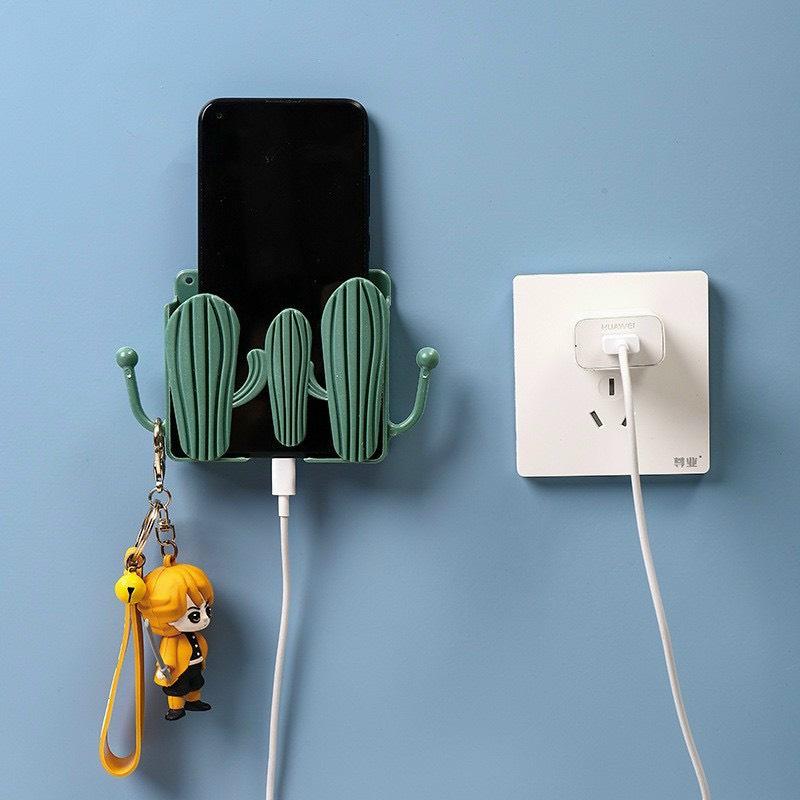 Kệ Dán Tường Hình Xương Rồng Có Tai Để Remote, Đồ Dùng / Giá Đỡ Sạc Điện Thoại - Có Móc Treo Chìa Khóa, Dây Sạc