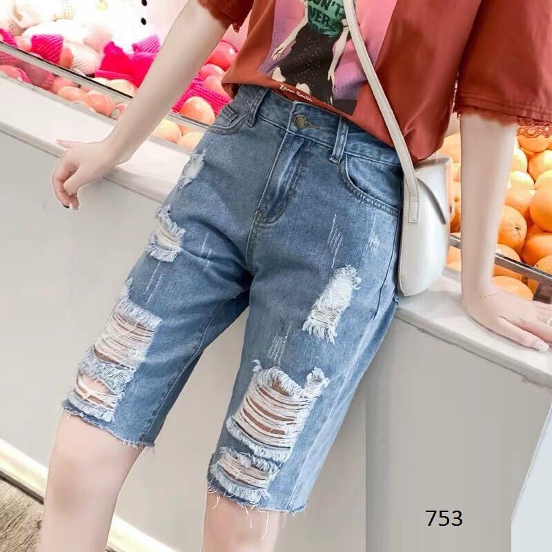 QUẦN SHORT LỬNG JEAN – BÒ NGÓ ĐÙI KIỂU NỮ LƯNG CAO XANH TRƠN BASIC RÁCH BỤI 54