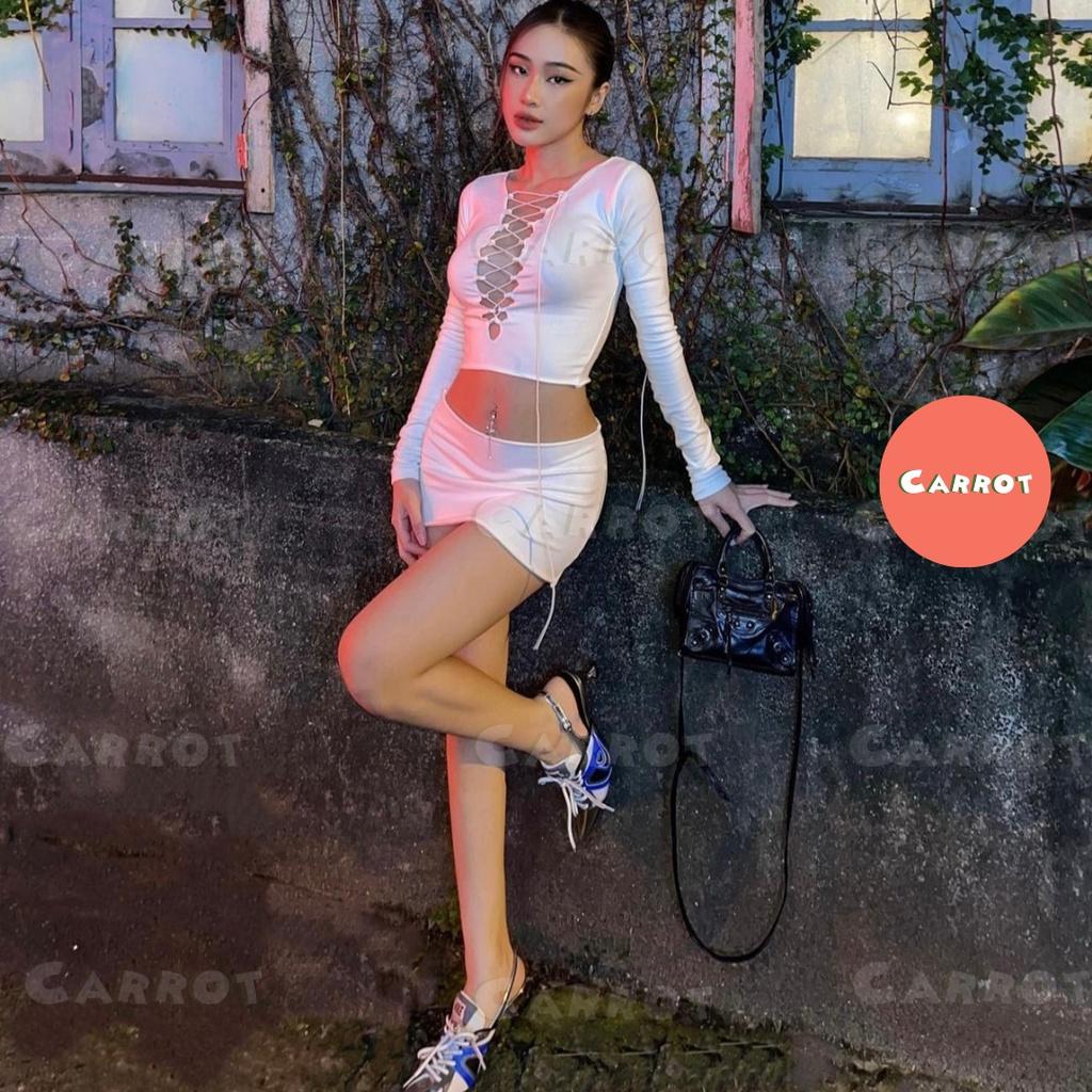Áo croptop tay dài thiết kế dây chéo ôm ngực chân váy ngắn ôm body sexy thun cao cấp co giãn carroxinhdep