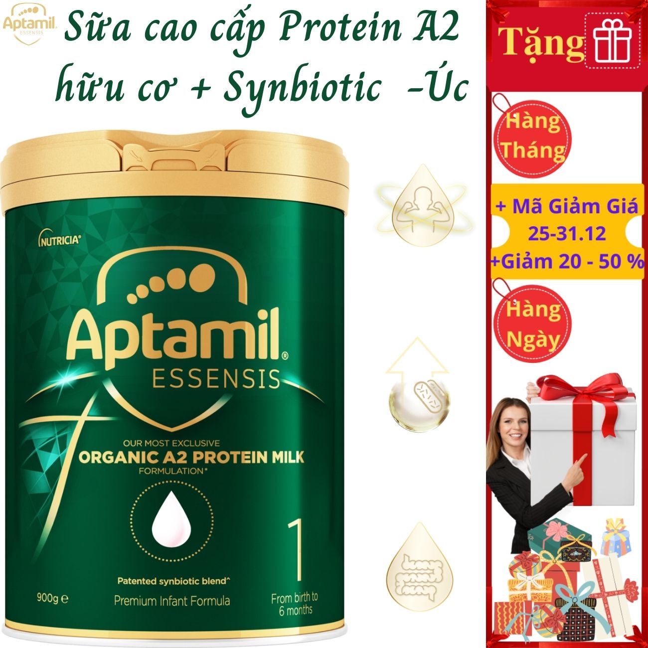 Sữa tăng chiều cao cho trẻ sơ sinh Aptamil Essensis Protein A2 Úc (Số 1)- Công thức Synbiotic độc quyền Giúp tăng cường hệ miễn dịch, hỗ trợ hệ tiêu hóa, Phát triển chiều cao, Cân nặng, trí tuệ và tăng sức đề kháng (900g/hộp)