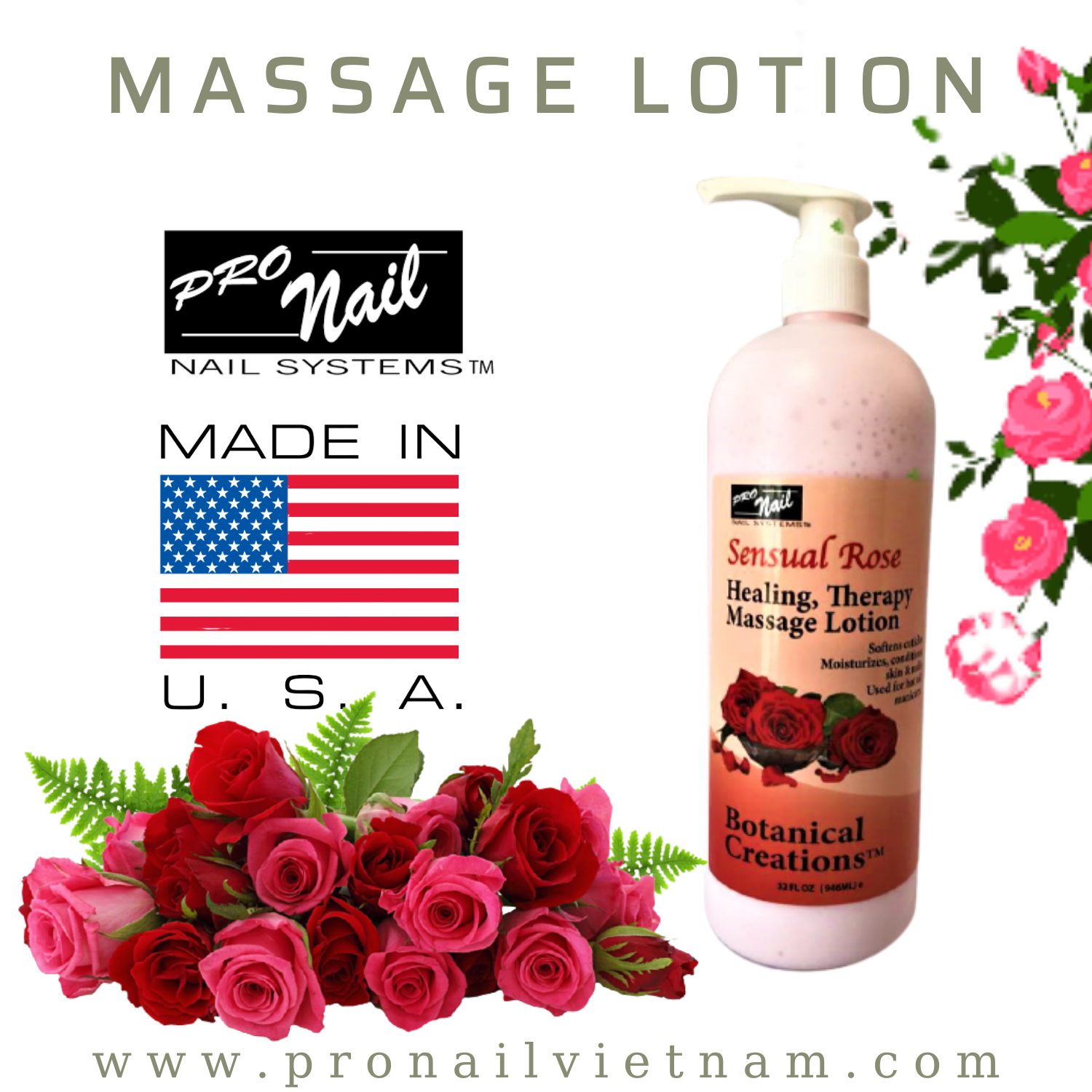 Dưỡng thể Pronail Botanical Creations Healing Therapy Massage Lotion mùi Hoa Hồng 946ml