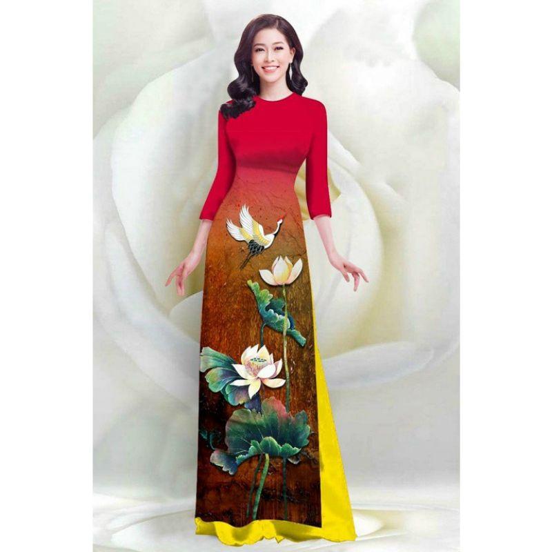 SÉT ÁO DÀI LỤA HỌA TIẾT SEN HẠC 4D VN