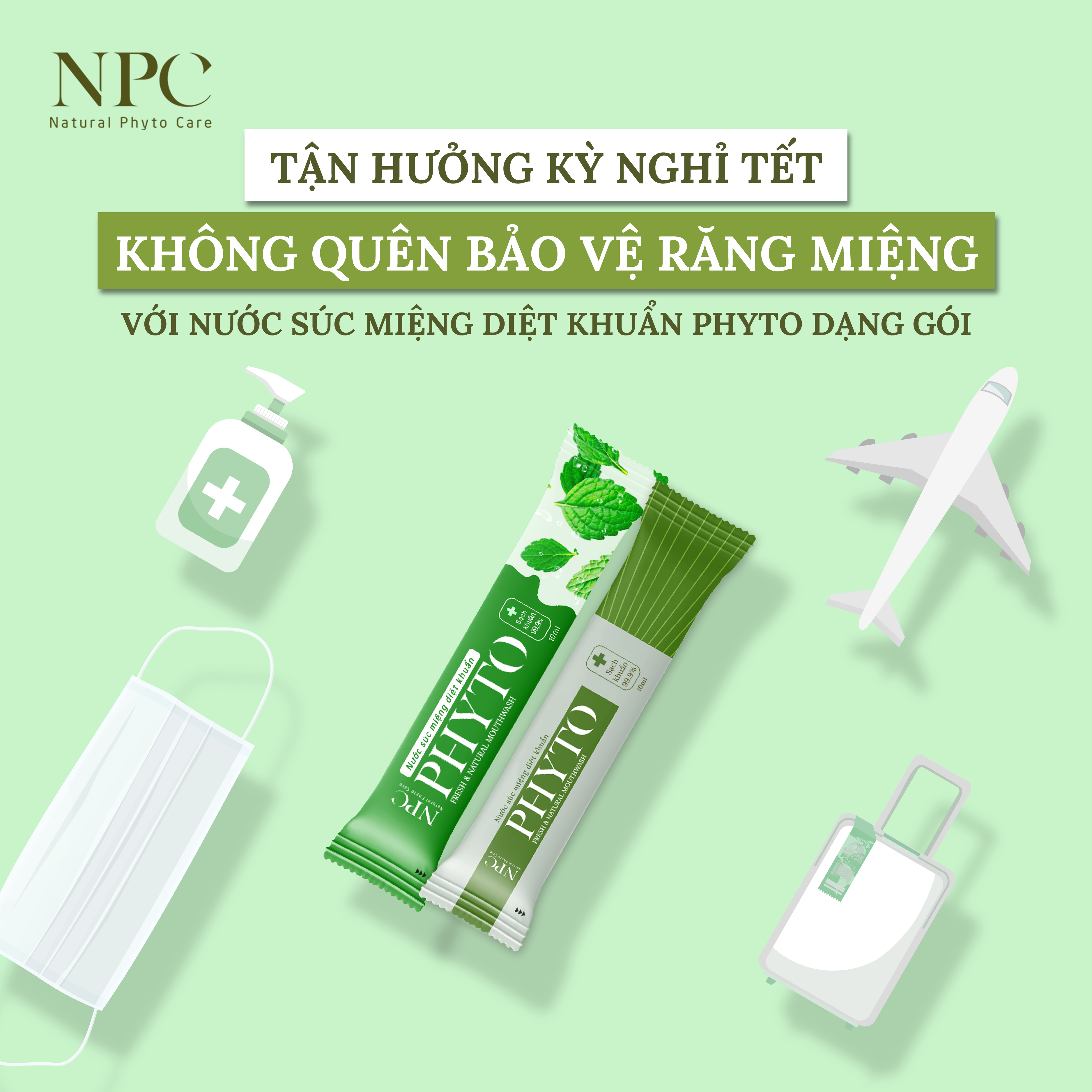 Nước súc miệng Phyto làm sạch khoang miệng 99.9%, tinh dầu thiên nhiên - Hộp 20 gói x 10ml/gói