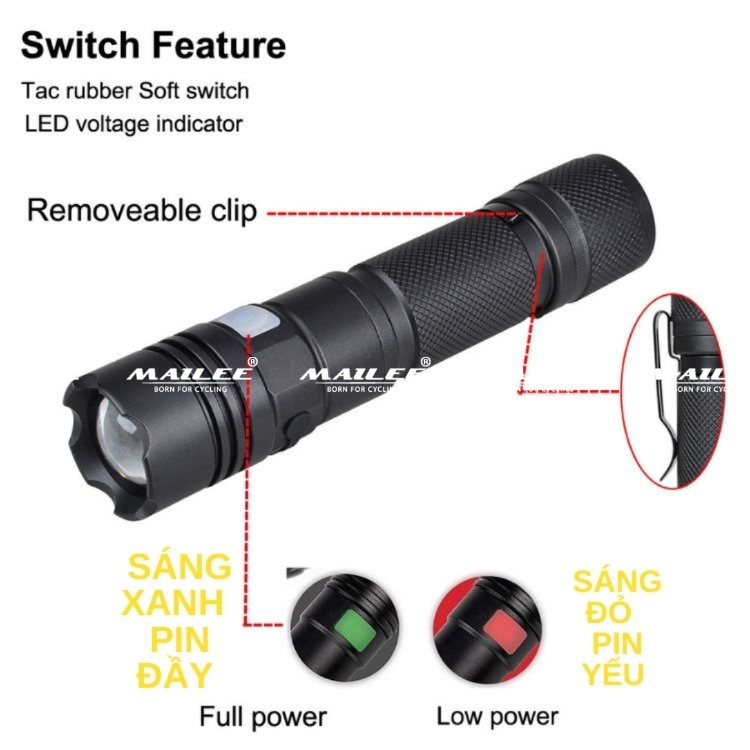 Đèn pin cầm tay mini siêu sáng gọn nhẹ dung lượng pin 4200 mah chống nước tốt có zoom xa gần MAI LEE