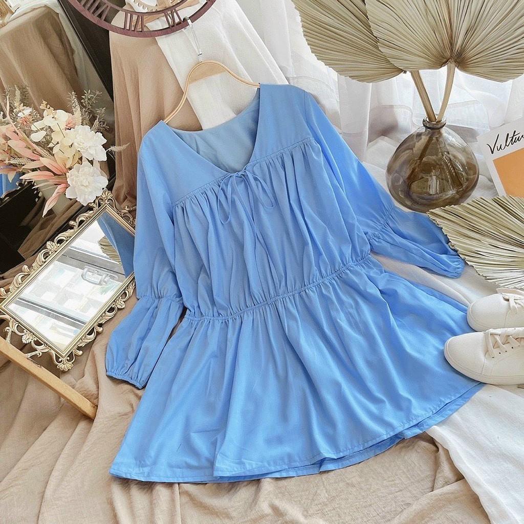 Đầm Babydoll Xanh Cổ V Thắt Nơ Xếp Ly Thân - Hậu Nguyễn Store