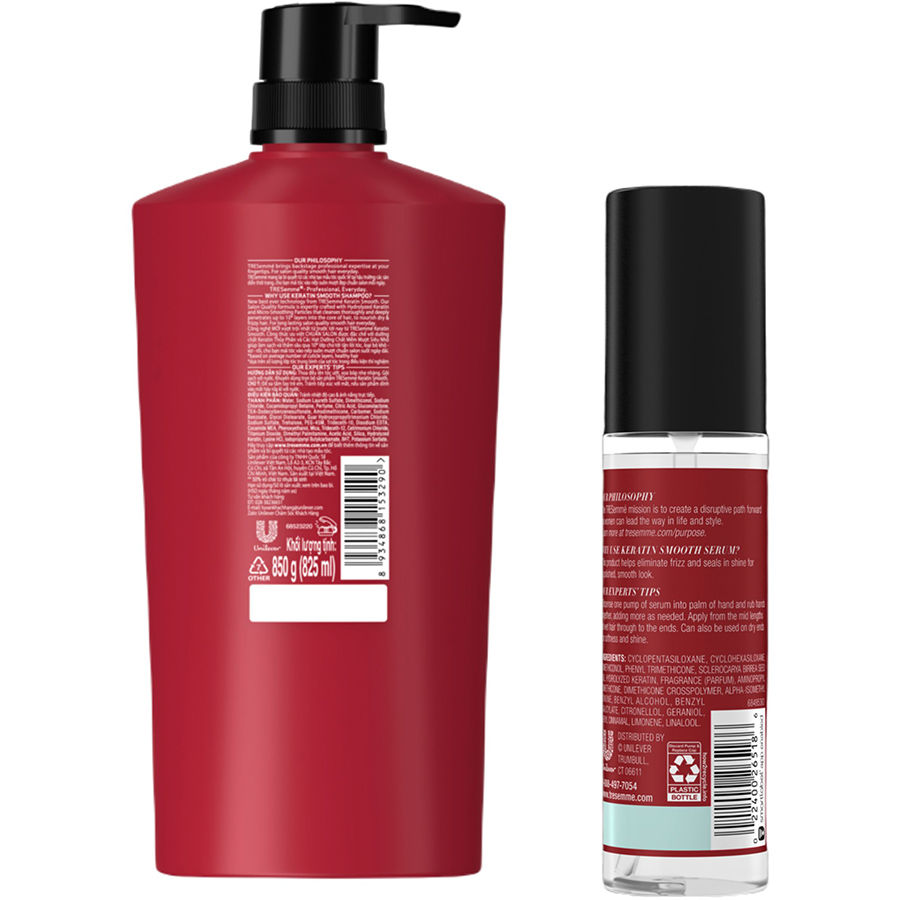 Combo Gội 850g, Serum 97ml TRESemmé Keratin Smooth Với Công Thức Hydrolyzed Keratin Vào Nếp Suôn Mượt