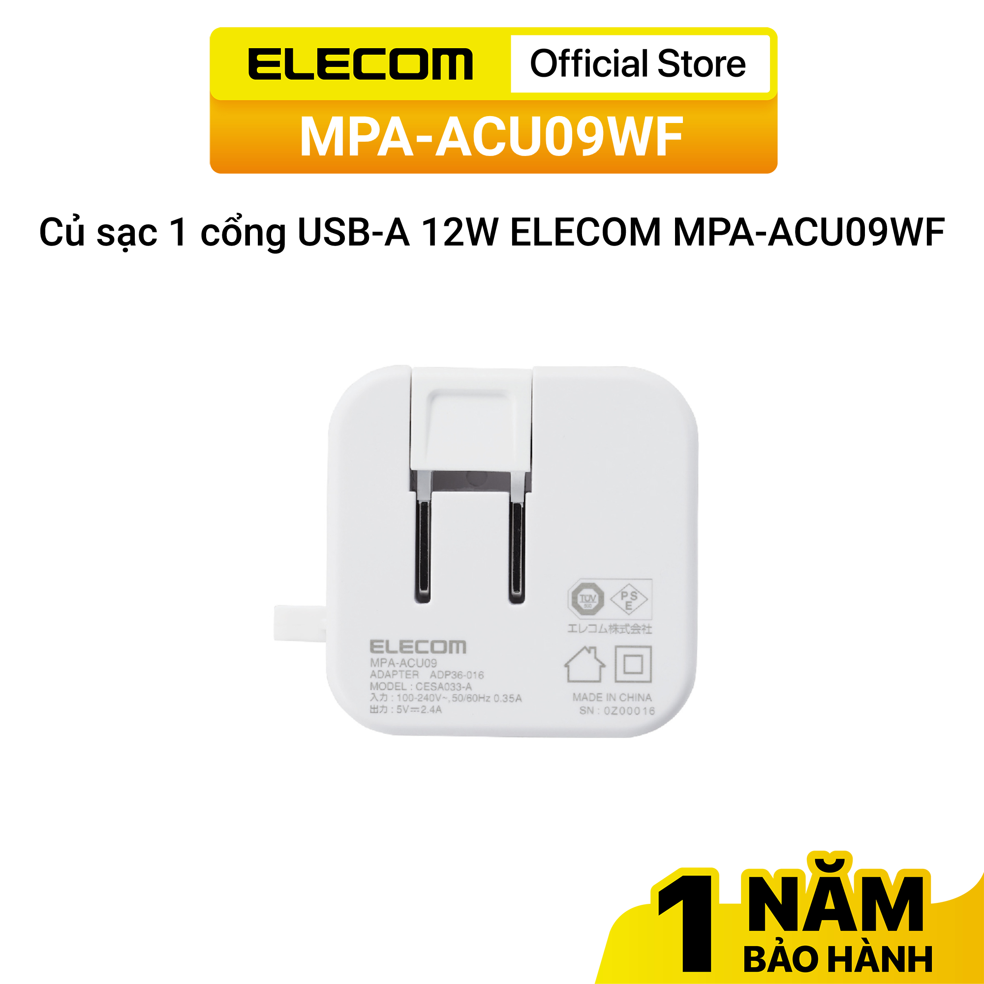 Củ sạc 1 cổng USB-A 12W ELECOM MPA-ACU09WF - Hàng chính hãng