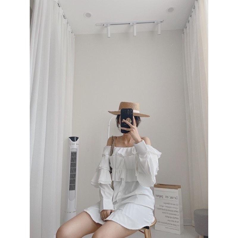 Đầm trắng bẹt vai bèo xếp ly phần thân trên tay dài kiểu sơ mi