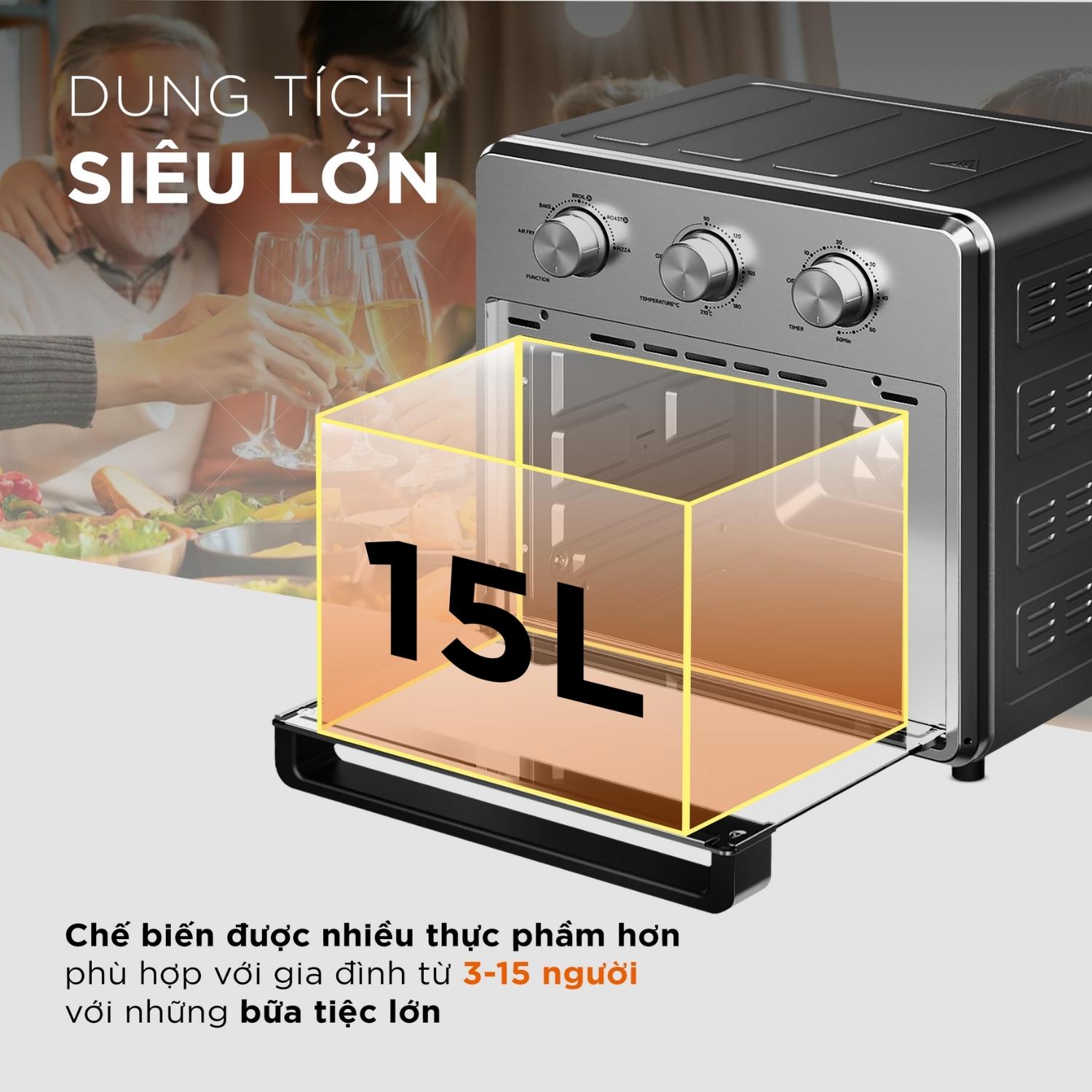 Nồi Chiên Không Dầu Crenot Foodie F15 Lò Chiên Bếp Nướng Điện Đa Năng Điều Khiển Núm Cơ Tiết Kiệm Điện - Hàng Chính Hãng