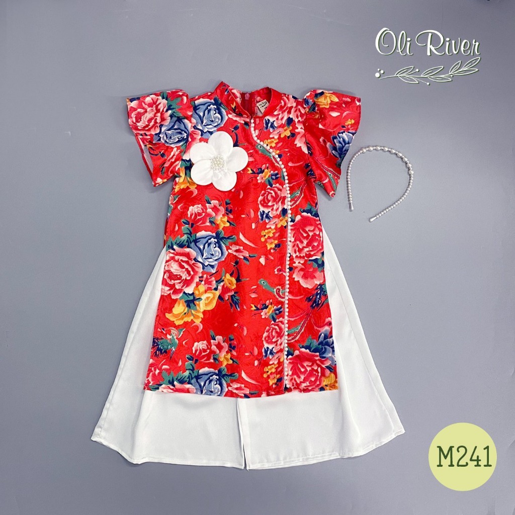Bộ áo dài cho bé gái mẫu Hoa mùa xuân xinh xắn diện lễ tết noel giáng sinh từ 12-40kg hàng thiết kế cao cấp