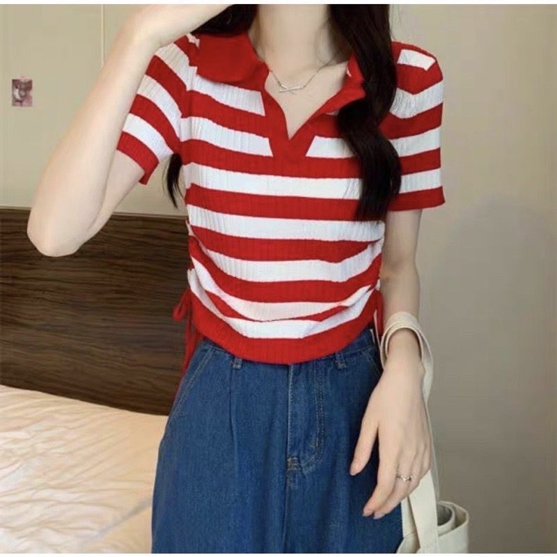 Áo cardigan dệt kim tay ngắn hoạ tiết kẻ sọc Hàn Quốc cho nữ AL04