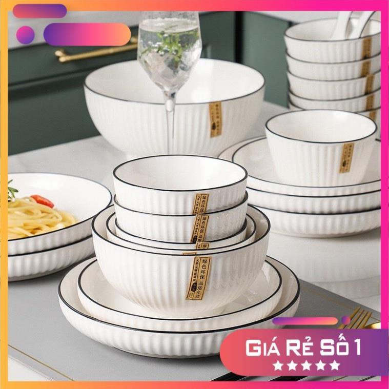 Bộ bát đĩa đẹp sang trọng màu trắng viền phong cách Phương Đông hiện đại BT-34 chi tiết