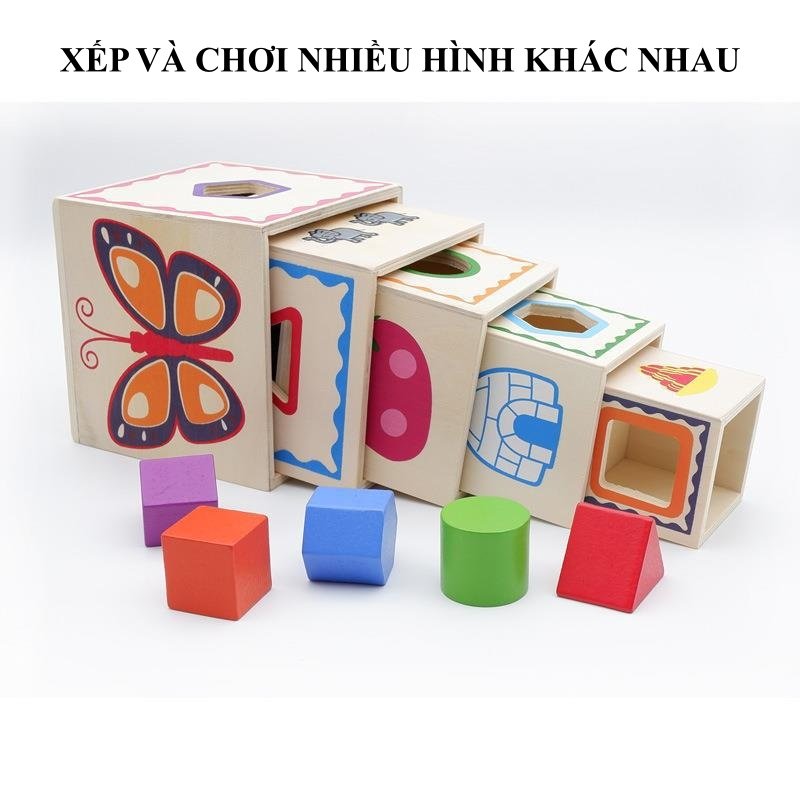 Đồ Chơi Gỗ Tháp Trí Lực 5 Tầng - Xếp Chồng - Thả Hình - Lồng Hộp