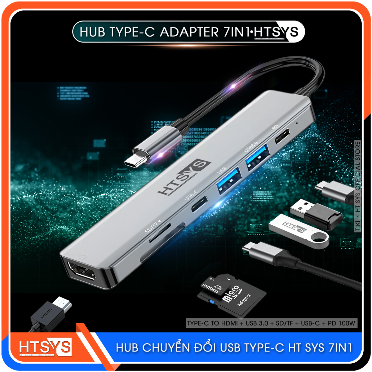 Hub Chuyển Đổi USB Type C HT SYS 7 in 1 To HDMI, USB 3.0, SD, TF, USB C, PD 100W - Hàng Chính Hãng