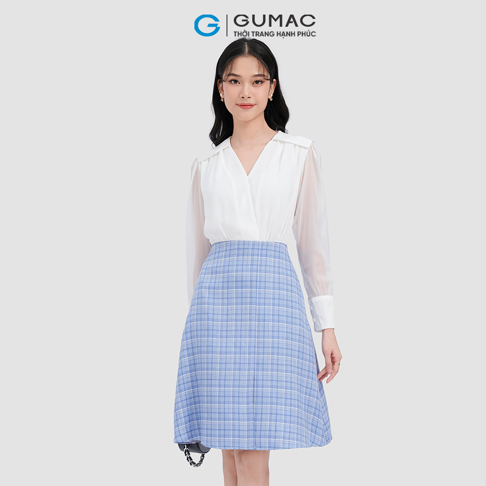 Đầm form A GUMAC DC10001 nhún vai phối caro trẻ trung