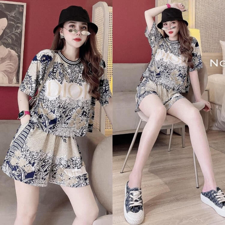 Bộ short cành lá cổ bo sọc