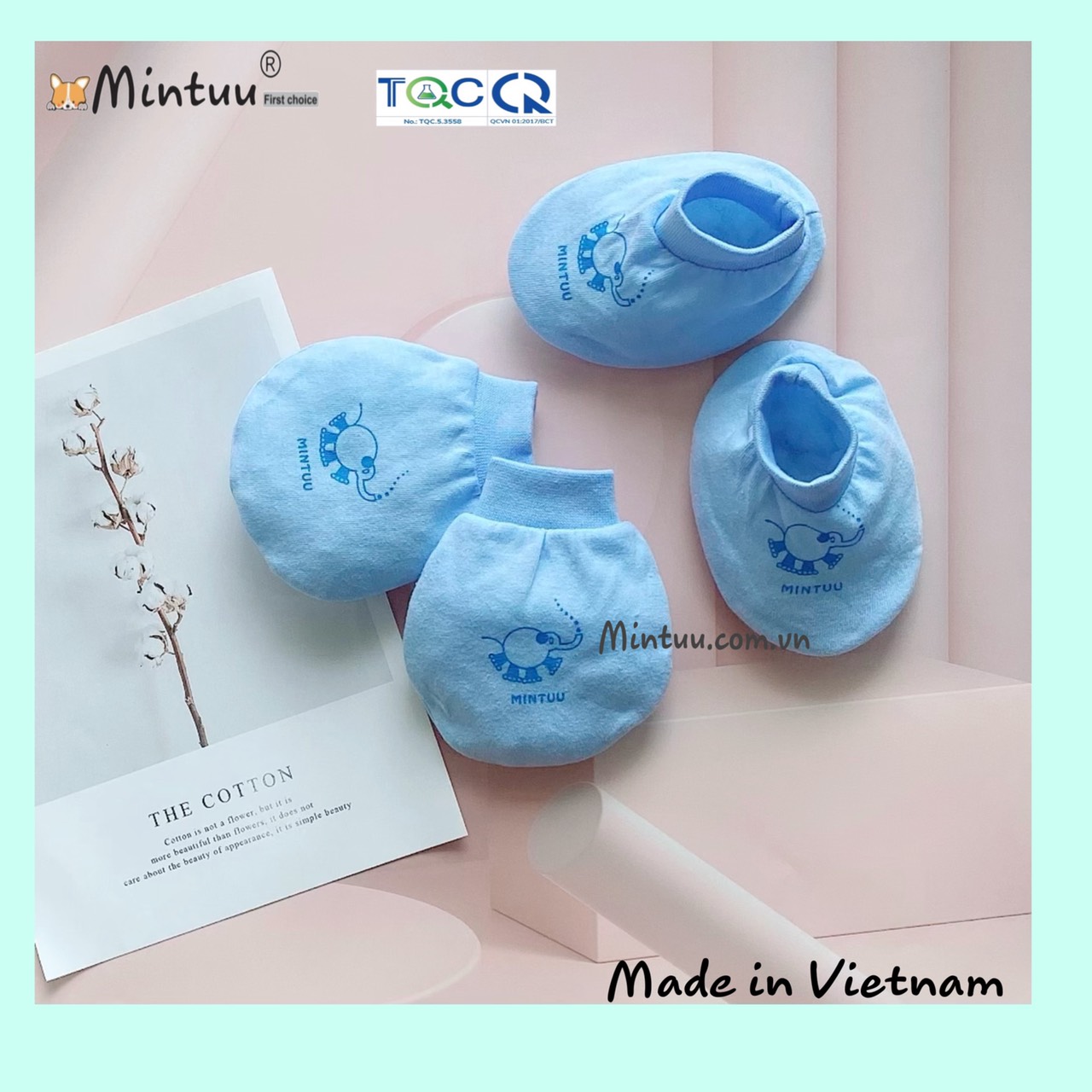 Bao tay chân sơ sinh màu cổ bo, chất liệu vải 100% cotton  thương hiệu MINTUU